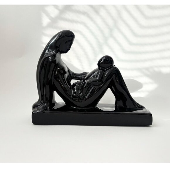 Royal Haeger Black Glazed Mother & Child Midcentury Modern Figuresstatue